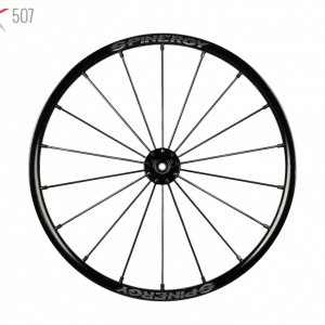 Frontal image of the Spinergy SLX 507 Wheelchair Wheel - High-performance, lightweight wheelchair wheel featuring a 7-spoke design for optimal rigidity and responsiveness.