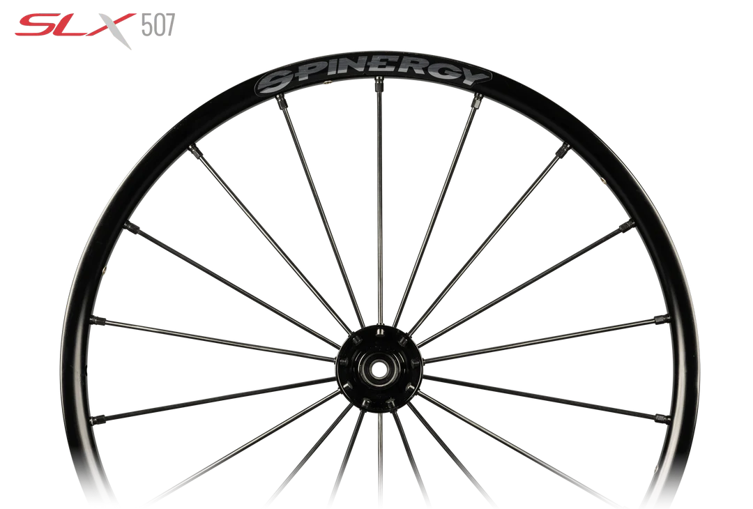 Close up image of the Spinergy SLX 507 Wheelchair Wheel - High-performance, lightweight wheelchair wheel featuring a 7-spoke design for optimal rigidity and responsiveness.