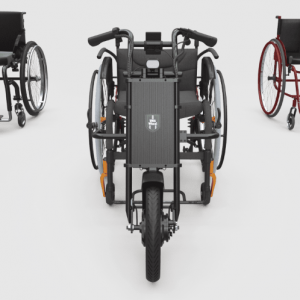 Front view of the UNAwheel Maxi wheelchair power add on.