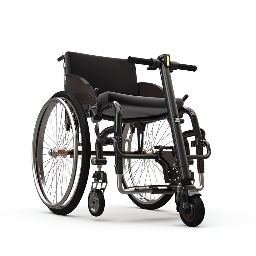 Front image of the UNAwheel Mini attached to wheelchair - The Lightest Wheelchair Power Assist for Effortless Mobility.