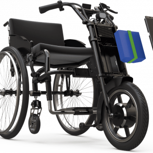 Side image of the Unawheel Maxi Wheelchair Attachment - Attaches to the front of a wheelchair, providing a motorized wheel for increased mobility and assistance.