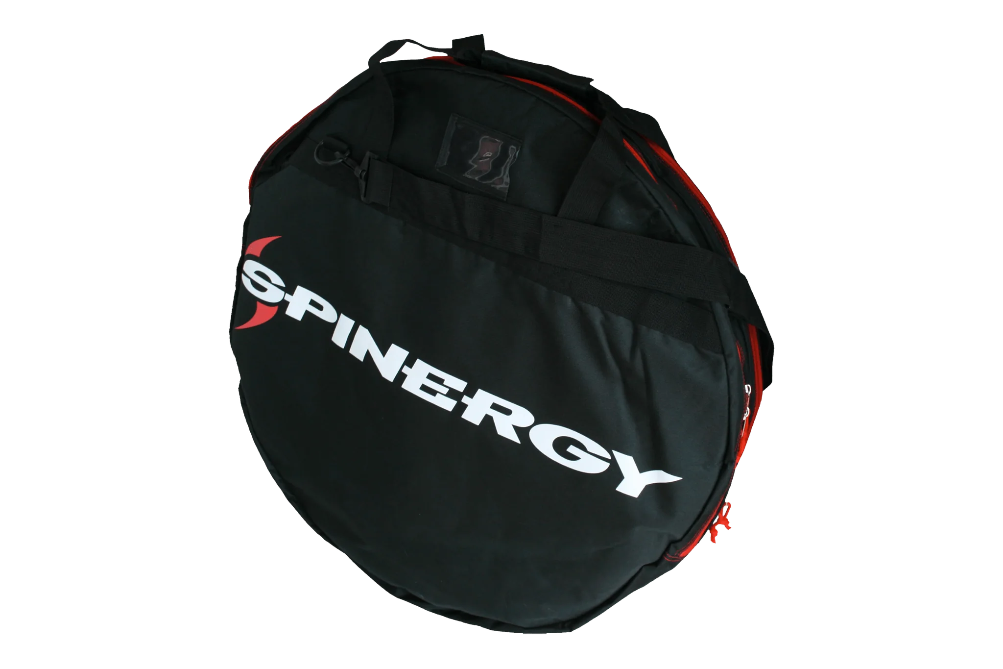 Front image of the Spinergy Wheel bag. A black, padded Spinergy wheel bag with a removable shoulder strap and carrying handles.