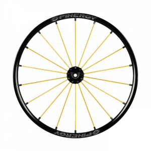 Frontal image of the yellow Spinergy SLX 507 Wheelchair Wheel - High-performance, lightweight wheelchair wheel featuring a 7-spoke design for optimal rigidity and responsiveness.