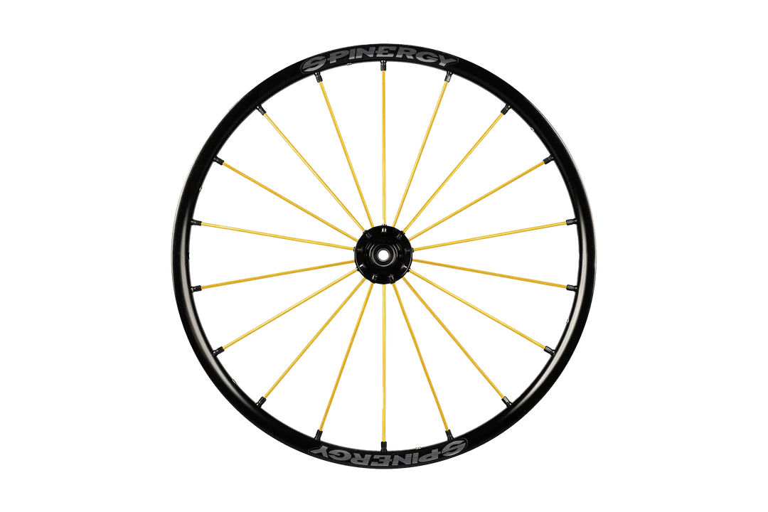 Frontal image of the yellow Spinergy SLX 507 Wheelchair Wheel - High-performance, lightweight wheelchair wheel featuring a 7-spoke design for optimal rigidity and responsiveness.