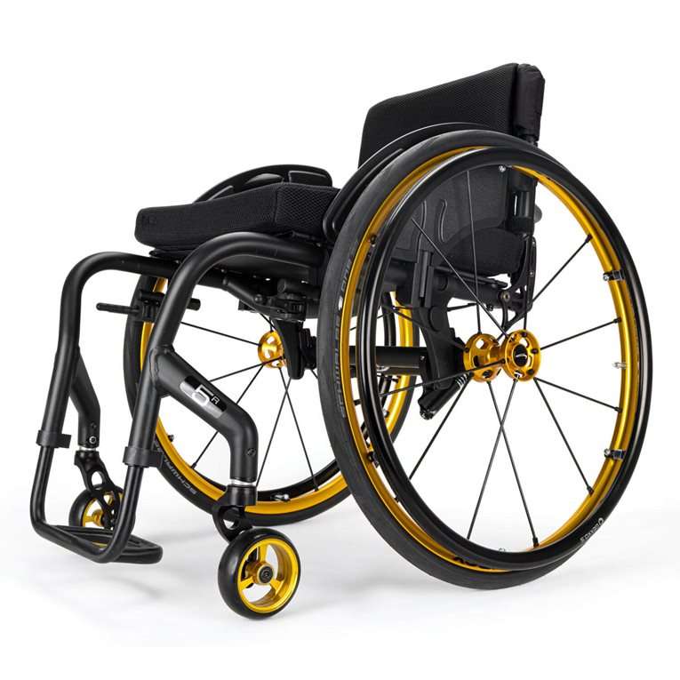 Front left view of the Custom Rigid Wheelchair - Lightweight, high-performance wheelchair with a rigid frame built to user's specifications for optimal fit and performance.