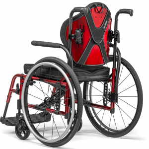 Back view of the Axiom Wheelchair Backrest on wheelchair - Customizable wheelchair backrest offering adjustable height, width, and angle for optimal support and comfort.