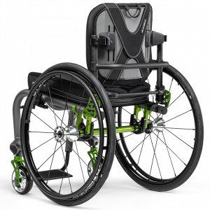 Back view of the Axiom Wheelchair Backrest on wheelchair - Customizable wheelchair backrest offering adjustable height, width, and angle for optimal support and comfort.