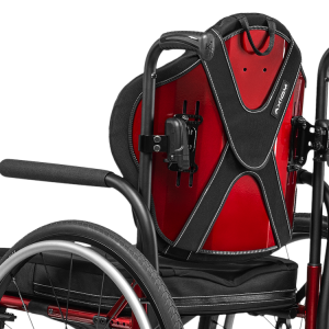 Back view of the Axiom Wheelchair Backrest on wheelchair - Customizable wheelchair backrest offering adjustable height, width, and angle for optimal support and comfort.