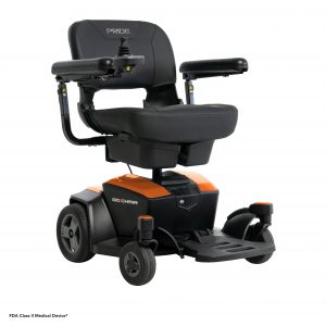 Front right view of the Amber Orange Go Chair Wheelchair - Lightweight, portable manual wheelchair designed for easy folding and transportation, ideal for travel and storage.