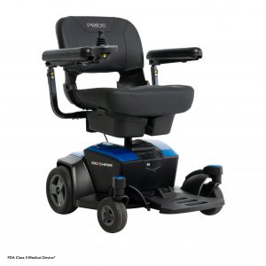 Front right view of the Sapphire Blue Go Chair Wheelchair - Lightweight, portable manual wheelchair designed for easy folding and transportation, ideal for travel and storage.