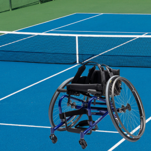 Front view image of the Top End Pro Tennis Wheelchair - Lightweight, maneuverable wheelchair designed for competitive tennis players, featuring a rigid frame, sports tires, and adjustable components.