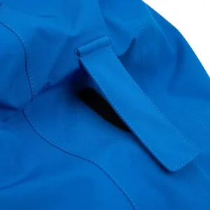 Close up image of the blue Kinetic Balance Raincape Junior - Waterproof, breathable raincoat for children in wheelchairs, featuring adjustable hood and arm protectors.