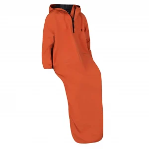 Image of the orange Kinetic Balance Raincape Junior - Waterproof, breathable raincoat for children in wheelchairs, featuring adjustable hood and arm protectors.