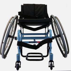 Front view of the SportTN Tennis Chair - Lightweight, maneuverable wheelchair designed for tennis players, featuring a low center of gravity and adjustable components for optimal performance and comfort.