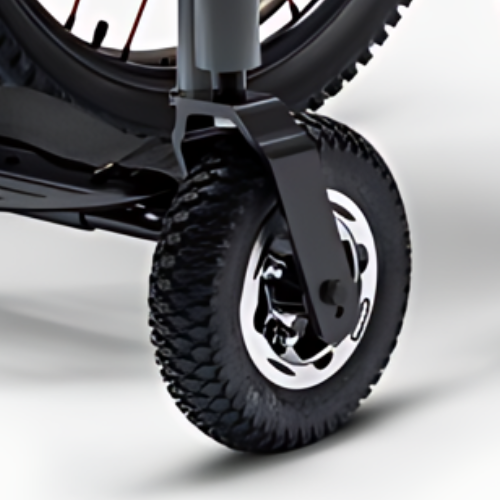 Close up of the Top End Crossfire All-Terrain Wheelchair wheel - Rugged wheelchair with large knobby tires, designed for navigating diverse outdoor terrains with ease and stability.