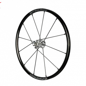 Front view of the Spinergy XLX Wheelchair Wheel - Lightweight, high-performance wheelchair wheel featuring a cross-laced spoke design and a flexible urethane pushrim for comfort and maneuverability.