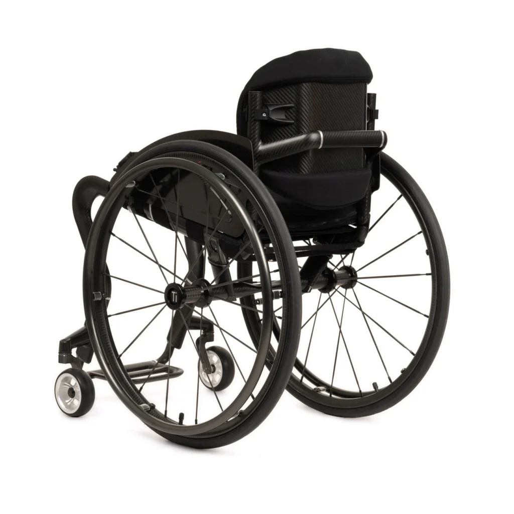 Back left view of the Custom Rigid Wheelchair - Lightweight, high-performance wheelchair with a rigid frame built to user's specifications for optimal fit and performance.