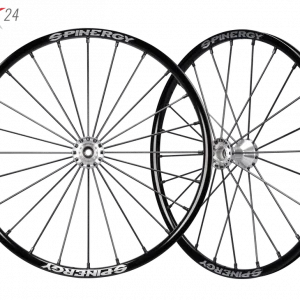 Two views of the Spinergy SLX 24 Spoke Wheelchair Wheel - Durable and high-performance wheelchair wheel with 24 spokes for maximum stability and responsiveness.