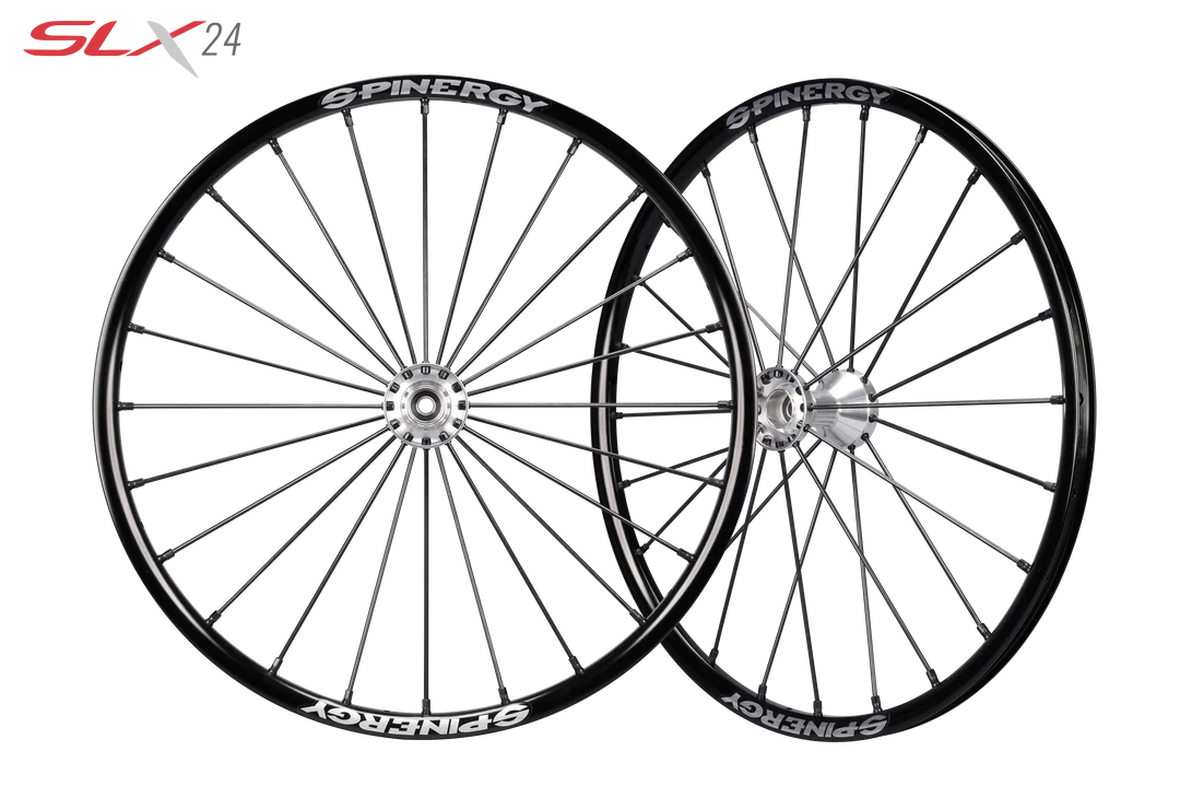 Two views of the Spinergy SLX 24 Spoke Wheelchair Wheel - Durable and high-performance wheelchair wheel with 24 spokes for maximum stability and responsiveness.