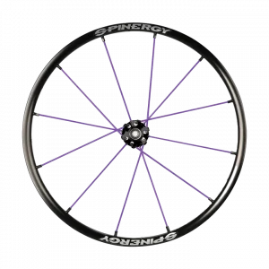 Frontal image of the Spinergy XLX Purple - Lightweight, high-performance wheelchair wheel with a reinforced design and blue spokes for a custom look.