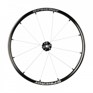 Front view of the white Spinergy XLX Wheelchair Wheel - Lightweight, high-performance wheelchair wheel featuring a cross-laced spoke design and a flexible urethane pushrim for comfort and maneuverability.