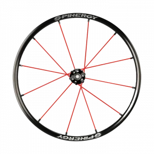 Front view of the red Spinergy XLX Wheelchair Wheel - Lightweight, high-performance wheelchair wheel featuring a cross-laced spoke design and a flexible urethane pushrim for comfort and maneuverability.