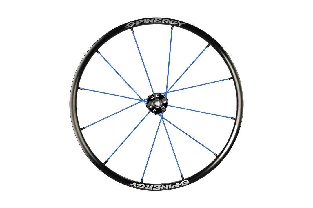 Front view of the blue Spinergy XLX Wheelchair Wheel - Lightweight, high-performance wheelchair wheel featuring a cross-laced spoke design and a flexible urethane pushrim for comfort and maneuverability.