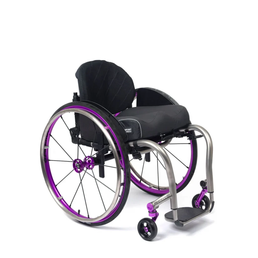 Front right of the Custom Rigid Wheelchair - Lightweight, high-performance wheelchair with a rigid frame built to user's specifications for optimal fit and performance.