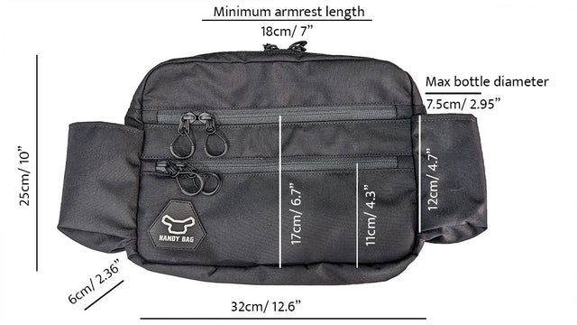 Image of the dimensions of the Ultimate X3 Electric Wheelchair Side Bag - Attaches to the side of a wheelchair, providing convenient storage for essential items while maintaining stability and accessibility.