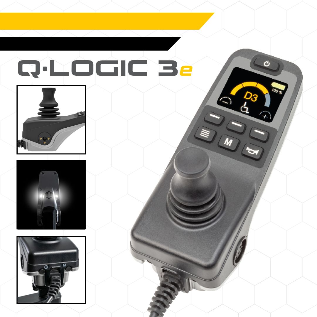 Banner of the Quantum Rehab Q-Logic 3e Controller - Compact, ergonomic joystick controller for powered wheelchairs, featuring intuitive controls and customizable settings.