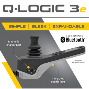 Infographic for the Quantum Rehab Q-Logic 3e Controller - Compact, ergonomic joystick controller for powered wheelchairs, featuring intuitive controls and customizable settings.