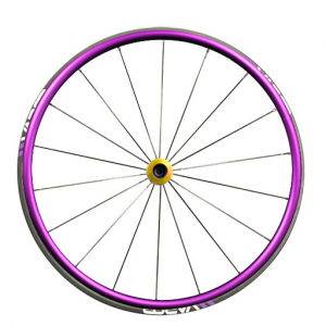 Front image of the purple Vapor X Wheel Set - Lightweight and responsive wheelchair wheels designed for speed and maneuverability, featuring a sleek aerodynamic design and high-performance tires.