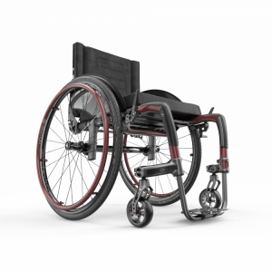 Front view of the black cherry Apex C Carbon Wheelchair - Lightweight, rigid wheelchair with a sleek design, featuring adjustable components for personalized comfort and support.