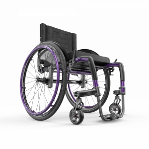 Front view of the electric purple Apex C Carbon Wheelchair - Lightweight, rigid wheelchair with a sleek design, featuring adjustable components for personalized comfort and support.