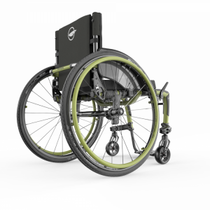 Back view of the Green Apex C Carbon Wheelchair - Lightweight, rigid wheelchair with a sleek design, featuring adjustable components for personalized comfort and support.