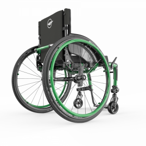 Back view of the monster green Apex C Carbon Wheelchair - Lightweight, rigid wheelchair with a sleek design, featuring adjustable components for personalized comfort and support.