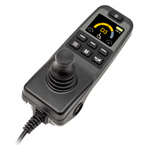 Front image of the Quantum Rehab Q-Logic 3e Controller - Compact, ergonomic joystick controller for powered wheelchairs, featuring intuitive controls and customizable settings.