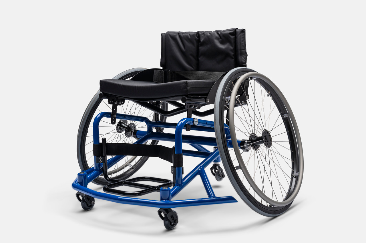 Front image of the blue Top End Sport BB Basketball Wheelchair - Lightweight, high-performance wheelchair designed for basketball, featuring a reinforced frame, responsive handling, and customizable seating for optimal performance.